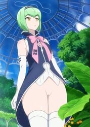 1girls female francesca_(isekai_wa_smartphone_to_tomo_ni.) gold_eyes green_hair isekai_wa_smartphone_to_tomo_ni. kuudere low-angle_view no_panties no_skirt pussy short_hair solo standing tagme white_legwear