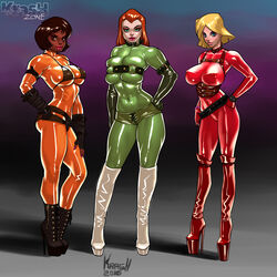 3girls abs alex_(totally_spies) belt big_breasts bimbo black_hair blonde_hair blue_eyes bodysuit boots breasts brown_eyes busty clover_(totally_spies) dark-skinned_female dark_skin erect_nipples eyelashes eyeliner eyeshadow female female_focus female_only green_eyes group harness high_heels huge_breasts human kras krashzone large_breasts latex latex_gloves latex_suit lipstick long_hair looking_at_viewer makeup multiple_girls navel nipple_bulge overflowing_breasts pale_skin pinup platform_heels pose posing red_hair sam_(totally_spies) short_hair short_shorts skin_tight standing teenager thick_lips thick_thighs totally_spies trio wide_hips