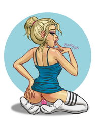 anus ass bare_arms bare_shoulders blonde_hair busty dildo dildo_sitting eyelashes eyeshadow female female_focus female_only finger_biting kneeling lipstick long_hair nail_polish nickeronic pose posing pussy_juice socks solo tagme tank_top tank_top_only thigh_highs thigh_socks thighhighs tied_hair vagina vaginal_insertion vaginal_penetration white_socks