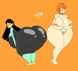 2girls :3 ass barefoot becky_macintyre big_ass big_breasts bikini black_eyes black_hair blush bodysuit breasts cleavage dark_hair dina_saruyama/sarazu dumbing_of_age feet frostbiteboi half-closed_eyes huge_ass huge_breasts hyper hyper_ass it's_walky large_ass large_breasts naughty_face orange_background orange_hair red_hair seductive seductive_smile smile source_request thick_thighs webcomic wide_hips yuri