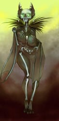 2019 absurd_res anthro bone breasts chiropteran female glowing glowing_eyes green_eyes hi_res mammal nipples skull solo teeth woofmaple ych_(character)