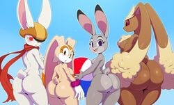 4girls :3 aged_up alternate_breast_size anthro ass ball beach_ball big_ass black_sclera blush breasts brown_eyes brown_fur buckteeth bunny_girl butt caked_up casual covering_breasts cream_the_rabbit crossover digital_media_(artwork) dipstick_ears disney dragon_ball dragon_ball_super edit eye_contact female fur furry gloves grey_fur group handwear hat headgear headwear judy_hopps long_ears looking_at_viewer looking_back lopunny medium_breasts multicolored_ears neckwear nintendo nipples nude nude_edit nude_female open_mouth pokemon pokemon_(species) purple_eyes rabbit rear_view red_eyes scarf sega shortstack simple_background smile sonic_(series) sorrel sssonic2 tan_body tan_fur teeth thick_thighs video_games white_fur wide_hips zootopia