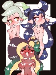 3girls 5_fingers ass beauty_mark black_hair blush breast_grab breast_squeeze breasts cephalopod cephalopod_humanoid coral_star dark-skinned_female earrings forksandspoons_(artist) glowing_hair light-skinned_female lumi_(splatoon) marie_(splatoon) marina_(splatoon) multiple_girls nude nude_female off_the_hook_(splatoon) pale-skinned_female pearl_(splatoon) piercing piercings splatoon splatoon_2 squid_sisters tentacle yuri