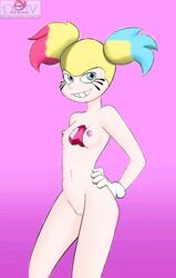 1girls batman_(series) blonde_hair blue_eyes breasts cartoon_network dc edit female filler filler_shmazman gem gem_(species) hand_on_hip harley_quinn heart naked nipples nude pussy small_breasts solo spinel_(steven_universe) steven_universe steven_universe:_the_movie twintails