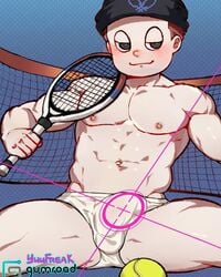 1boy black_eyes blush brown_hair danganronpa dwarfism irish male_only male_underwear muscles muscular muscular_male ryoma_hoshi smile smooth_skin tennis_ball tennis_racket underwear yuufreak