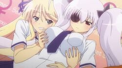 2girls animated blonde_hair breast_grab breasts clothing eye_patch female female_only katsuragi_(senran_kagura) multiple_girls senran_kagura silver_hair yagyuu_(senran_kagura) yuri