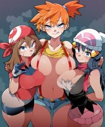 3girls ai_generated big_breasts blue_eyes breast_press breasts brown_hair clothes clothes_lift dawn_(pokemon) kasumi_(pokemon) large_breasts licking licking_lips looking_at_viewer may_(pokemon) mullon navel nintendo novelai pokemon pokemon_dppt pokemon_frlg pokemon_oras pokemon_rgby pokemon_rse shirt shirt_lift suspenders sweat tongue tongue_out trio