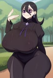 , 1girls ai_generated big_breasts black_dress black_hair blush blushing_female breasts clothing dress ear_piercing earrings erect_nipples eva_gen_ai18 female female_only fully_clothed game_freak hair half-closed_eyes hex_maniac hex_maniac_(z-a) huge_breasts large_breasts lips long_hair looking_at_viewer massive_breasts mature mature_female nintendo nipple_bulge npc_trainer pointy_nipples pokemon pokemon_legends:_z-a purple_eyes solo solo_female sunlight sweat sweating thin_waist