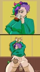 1futa 1girls 2koma anal_sex baggy_eyes blush bottomless chubby coffee_mug cum cum_in_ass cum_inside disembodied_arm disembodied_penis green_hair green_shirt instant_loss instant_loss_2koma money open_mouth pink_hair purple_hair purple_lipstick purple_nails raised_shirt sarah_austen sex_against_wall sloppyheadwind sound_effects