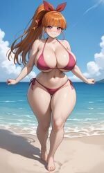 ai_generated barefoot beach belly_button blossom_(powerpuff_girls) blunt_bangs blush cleavage female full_body gluteal_fold groin hair_ribbon hourglass_figure huge_breasts long_hair looking_at_viewer midriff momoko_akatsutsumi navel orange_hair pale-skinned_female pale_skin pink_bikini pink_eyes ponytail powerpuff_girls powerpuff_girls_z side-tie_bikini_bottom slim_waist smile solo thick_thighs thigh_gap underboob wide_hips zakvar