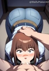 1boy 1boy1girl 1girls all_fours ass assisted_fellatio balls_deep bedroom blowjob blush clothed_female_nude_male cum cum_in_mouth cum_inside deepthroat fellatio female hand_on_head jeans kiruko_(tengoku_daimakyou) looking_at_viewer male male/female muscular_male nude_male pov production_ig surprised tengoku_daimakyou waifumakerart wide_eyed