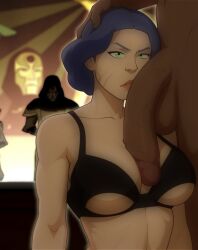 1boy 1girls 2025 2d amon anaxus asian_female athletic_female avatar_legends balls big_penis breasts dark-skinned_male female fit_female gilf green_eyes grey_hair half-erect hand_on_head head_grab huge_balls huge_cock imminent_oral imminent_paizuri interracial large_penis lin_bei_fong male male/female mature milf nickelodeon nicktoons older_female paizuri penis penis_between_breasts penis_worship straight the_legend_of_korra unseen_male_face veiny_penis