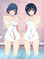 2girls bathing bathtub blue_eyes blue_hair botan_nagatsuki large_breasts looking_at_viewer medium_breasts red_eyes short_hair standing tachibana_rui towel wet_body