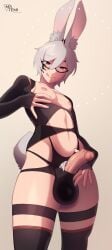 1boy :q animal_ears ball_bulge black_thighhighs bulge bunny_boy bunny_ears commission cowboy_shot ears_up final_fantasy final_fantasy_xiv glasses grey_hair josou_seme licking_lips lingerie looking_at_viewer looking_down matemi nipples original otoko_no_ko penis_bulge penis_out penis_out_of_underwear pubic_hair_peek rabbit_boy rabbit_ears rabbit_tail short_hair smiling smiling_at_viewer solo standing tail taiyo_akari thick_thighs thigh_strap thighhighs thighs underwear viera voluptuous white_pubic_hair