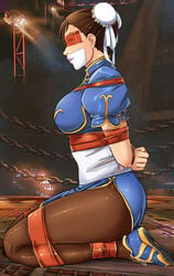 1girls blindfold bondage bound chun-li female femsub gag lostonezero pantyhose restrained solo_female street_fighter tied_up