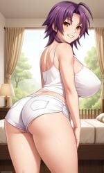 1girls ahoge ai_generated ass azuma_marina bare_shoulders bending_over big_ass big_breasts booty_shorts breasts camisole cleavage female huge_ass huge_breasts isogil kashidashi_tsuma_marina_no_"netorase"_houkoku_binkan_tsuma_to_zetsurin_daigakusei looking_at_viewer looking_back_at_viewer purple_hair sexy_pose shiny_skin short_hair short_shorts thick_thighs thighs white_shorts