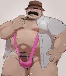 1boy adult adult_male bara belly censor_bar censored censored_penis chubby chubby_male detective_conan fat fat_man hat male male_focus male_only mankini married_man megure_juuzou micro_bikini moustache old_man older_male omo_kemo open_shirt overweight overweight_male penis penis_out pink_mankini pink_swimsuit policeman pubic_hair round_belly shounen_sunday solo solo_male standing sweating thick_arms thick_forearms tms_entertainment