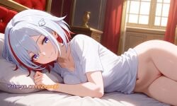 1girls ai_generated bangs bed bedroom blue_eyes bottomless breasts closed_mouth curtains female hair_ornament honkai:_star_rail honkai_(series) hoyoverse indoors looking_at_viewer lying mihoyo multicolored_hair navel on_bed on_side patreon pillow pussy red_hair shirt short_hair short_sleeves smile solo streaked_hair topaz_(honkai:_star_rail) uncensored white_hair white_shirt window zenaai