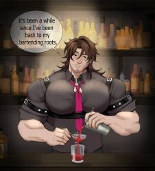 arms bartender brown_eyes brown_hair bulging_pecs grey_shirt growth growth_sequence huge_pecs hyper hyper_muscles hyper_pecs large_pecs lulke male_focus male_only muscle muscle_growth muscular muscular_male pecs pouring service_top stubble tie