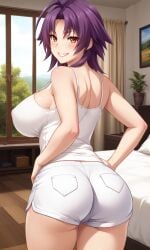 1girls ahoge ai_generated ass azuma_marina bare_shoulders bending_over big_ass big_breasts booty_shorts breasts camisole cleavage female huge_ass huge_breasts isogil kashidashi_tsuma_marina_no_"netorase"_houkoku_binkan_tsuma_to_zetsurin_daigakusei looking_at_viewer looking_back_at_viewer purple_hair sexy_pose shiny_skin short_hair short_shorts thick_thighs thighs white_shorts