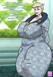 1futa balls bulge clothed clothing dialogue dittochad dress fully_clothed futa_only futanari gigantic_penis huge_breasts huge_cock human jett_(pokemon) large_breasts light-skinned_futanari mature penis pokemon solo solo_futa standing talking_to_viewer text tight_clothing voluptuous