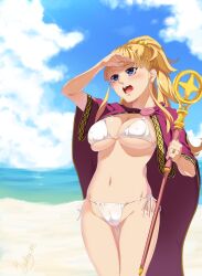 1girls :o absurdres arm_up ass_visible_through_thighs beach bikini blonde_hair blue_eyes blunt_bangs blush breasts cameltoe cape cleavage cloud commentary_request covered_erect_nipples cowboy_shot day female female_focus female_only gaston18 groin high_ponytail highres holding holding_weapon jewelry kekkon_yubiwa_monogatari krystal_novaty_nokanatika large_breasts long_hair looking_afar navel ocean open_mouth outdoors ponytail ring shading_eyes side-tie_bikini_bottom sidelocks skindentation sky solo staff standing strap_gap string_bikini swimsuit tan thigh_gap thighs underboob water weapon white_bikini