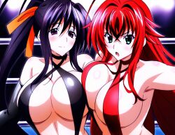 2girls ahoge ai_generated akeno_himejima antenna_hair big_breasts black_hair blush breast_on_breast couple crimson_hair female_only fighting_ring hair_ribbon high_school_dxd light_skin orange_ribbon ponytail rias_gremory sky_blue_eyes very_long_hair violet_eyes voluptuous yuri yuri