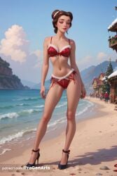 1girls ai_generated artist_name beach beauty_and_the_beast belle belle_(beauty_and_the_beast) bikini black_footwear bra breasts brown_hair christmas cleavage closed_eyes contrapposto day full_body hair_bun hi_res high_heels house makeup medium_breasts navel ocean outdoors panties progenarts red_bikini red_bra red_panties sand seashell shell sky solo solo_focus standing swimsuit underwear water web_address