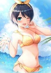 1girls armpits bare_armpits bare_arms bare_belly bare_chest bare_hands bare_hips bare_legs bare_midriff bare_navel bare_shoulders bare_skin bare_thighs belly belly_button bikini bikini_bottom bikini_only bikini_top black_hair black_hair_female blue_eyes blue_eyes_female blue_sky blush blush_face blushing_female breasts cleavage clouds collarbone day daylight daytime elbows exposed_armpits exposed_arms exposed_belly exposed_chest exposed_hips exposed_legs exposed_midriff exposed_navel exposed_shoulders exposed_skin exposed_thighs eye_closed eyebrows_visible_through_hair female female_focus female_only fingernails fingers hair_ribbon hairband halterneck high_resolution high_school_student highres horizon hourglass_figure kanojo_okarishimasu lean_figure looking_at_viewer medium_breasts midriff narrow_waist navel ocean one-eye_closed one_eye_closed one_eye_open open_mouth open_mouth_smile outdoor outdoors outside parted_lips ribbon sarashina_ruka school_girl sea seaside short_hair shoulders sky slender_body slender_waist slim_waist smile smiley_face smiling smiling_at_viewer solo standing string_bikini swimsuit swimwear teen_girl teenage_girl teenager thighs tongue upper_body wide_hips yellow_bikini yellow_bikini_bottom yellow_bikini_top yellow_hair_ribbon yellow_hairband yellow_ribbon yellow_string_bikini yellow_swimsuit yellow_swimwear young_female young_woman yukiunag1