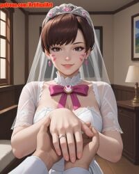 1girls ai_generated artifical_art bangs bride brown_eyes brown_hair d.va face_markings facial_mark facial_markings light-skinned_female light_skin long_hair medium_breasts overwatch overwatch_2