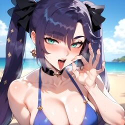 1female 1girls ai_generated beach bikini bikini_top blurry_background blush breasts fellatio_gesture female genshin_impact miyuai mona_(genshin_impact) sexually_suggestive solo solo_female solo_focus steam steamy_breath suggestive suggestive_gesture sweat sweatdrop swimsuit swimwear