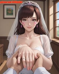 1girls ai_generated artifical_art bangs bride brown_eyes brown_hair d.va face_markings facial_mark facial_markings light-skinned_female light_skin long_hair medium_breasts overwatch overwatch_2