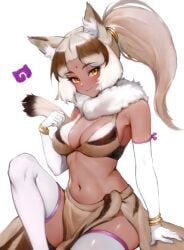 bikini_top cleavage dark-skinned_female grey_hair huge_breasts indian_wolf_(kemono_friends) jack4l kemono_friends long_gloves ponytail sarong silver_hair thighhighs voluptuous wolf_ears wolf_girl wolf_tail