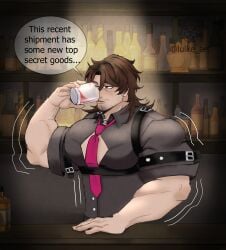 arms bartender brown_eyes brown_hair bulging_pecs clothes_stretching drinking grey_shirt growth growth_sequence huge_pecs hyper hyper_muscles hyper_pecs large_pecs lulke male_focus male_only muscle muscle_growth muscular muscular_male pecs service_top stubble tie