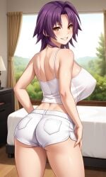 1girls ahoge ai_generated ass azuma_marina bare_shoulders bending_over big_ass big_breasts booty_shorts breasts camisole cleavage female huge_ass huge_breasts isogil kashidashi_tsuma_marina_no_"netorase"_houkoku_binkan_tsuma_to_zetsurin_daigakusei looking_at_viewer looking_back_at_viewer purple_hair sexy_pose shiny_skin short_hair short_shorts thick_thighs thighs white_shorts