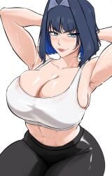 1girls armpits arms_up big_breasts blue_eyes blue_hair gym_uniform hololive hololive_english hololive_english_-council- hololive_english_-promise- light-skinned_female lipstick looking_at_viewer muscular ouro_kronii sho_yo smiling_at_viewer sweat sweating sweaty_armpits sweaty_breasts voluptuous yoga_pants