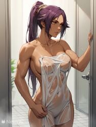 ai_generated black_body doorway gorgeous hand_on_wall looking_away nude shihouin_yoruichi towel wet