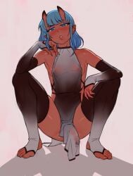 1futa armwear blue_eyes blue_hair blush commission futa_only futanari half-erect horns lacryboy leaning_on_elbow legwear long_hair looking_at_viewer melanpsycholia narrowed_eyes nipple_bulge oni oni_horns penis pointy_ears red_skin revealing_clothes sideboob small_breasts solo squatting sui_(suikisses) toeless_legwear very_high_resolution