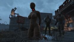 1girls 2boys 3d arms_behind_back bald bald_female clothed_male_nude_female collar completely_nude completely_nude_female deviousdesire fallout_4 game_screenshot gun kneeling nude nude_female only_one_naked slave slave_collar slavegirl weapon