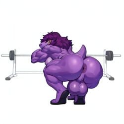 1futa ai_generated ass_focus back_view backboob big_balls deltarune futanari huge_balls looking_at_viewer looking_back presenting presenting_anus purple_body scalie simple_background solo squatting susie_(deltarune) sweat tail