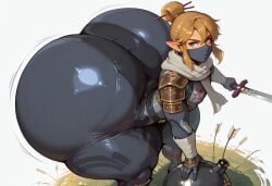 1boy 1femboy ai_generated armor ass ass blonde_hair butt_bigger_than_body butt_bigger_than_head butt_bigger_than_torso clothed elf elf_ears face_mask femboy femboy_focus hair_bun huge_ass huge_butt hyper hyper_ass hyper_butt isometria large_ass link male_focus massive_ass massive_butt short_hair solo_male sword the_legend_of_zelda thick_thighs tight_clothing