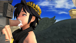 3d angel angel_wings balls black_hair black_wings clothing cum_in_mouth cum_in_nose cum_inside cum_on_penis dark_pit gil_the_mute hand_on_hip handwear headwear human kid_icarus male male/male metal_gear_solid oral oral_penetration oral_sex penis pink_eyes solid_snake source_filmmaker super_smash_bros. wings yaoi