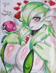 1girls 2019 3_fingers alternate_hairstyle anthro anthrofied bikini choker cleavage clothed dated eye_contact gardevoir great_ball green_bikini green_hair hair_over_one_eye hands_on_chest huge_breasts lipstick long_hair looking_at_viewer love_ball nintendo original_character poke_ball pokemon pokemon_(species) pokemon_rse raidon_dimentional_land red_eyes text watermark white_skin