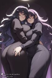 2girls @_@ ai_assisted ai_generated bags_under_eyes big_ass big_breasts black_hair blush breasts game_freak hex_maniac hex_maniac_(z-a) lips long_hair looking_at_viewer mature_female mirageart multiple_girls parted_lips pokemon pokemon_legends:_z-a purple_eyes purple_hair wide_hips yuri