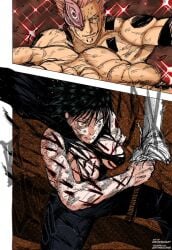 black_hair blood cape jujutsu_kaisen manga muscular muscular_female orange_eyes ripped_clothing ryoumen_sukuna_(jujutsu_kaisen) scar squatting sword tagme tagme_(artist) topless torn_clothes zenin_maki