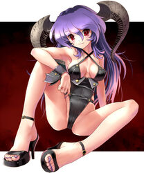 bare_legs breasts feet halterneck high_heels horns katahira_masashi leotard nail_art nail_polish original original_character purple_hair purple_nail_polish purple_nails red_eyes sitting tagme toenail_polish toenails toes wrist_cuffs