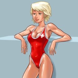 1girls 2d 2d_(artwork) blonde_female blonde_hair breasts cappercan cassie_(summertime_saga) cleavage digital_drawing_(artwork) digital_media_(artwork) female female_focus female_only lifeguard light-skinned_female light_skin medium_breasts pose posing showing_off simple_background summertime_saga