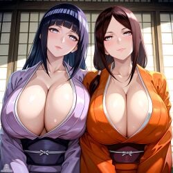 2girls ai_generated bangs blush breasts breasts_pressed_against_another brown_hair cleavage dark_blue_hair fair_skin female female_focus female_only hyuuga_hanabi hyuuga_hinata large_breasts lipstick long_hair looking_at_viewer naruto naruto:_the_last naruto_(series) no_sex non-nude older_sister orange_kimono posing purple_hair purple_kimono sexually_suggestive sfw shiny shiny_hair shiny_skin siblings side-by-side sisters source straight_hair symmetrical_docking symmetrical_pose video waifu_universe_77 younger_sister