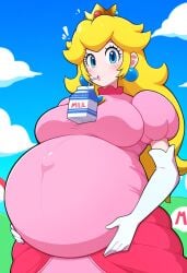 1girls ai_generated bbw belly belly_expansion big_belly blonde_female blonde_hair breasts drinking drinking_milk female female_focus female_only mario_(series) navel princess_peach solo solo_focus super_mario_bros.