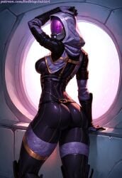 1girls ai_generated alien alien_girl alien_humanoid ass ass_focus athletic female fit helmet helmet_with_visor looking_at_viewer looking_back looking_back_at_viewer mass_effect medium_breasts muscular quarian redbisycle spacesuit standing tali'zorah_nar_rayya thick_thighs tight_clothing visor